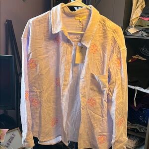 Lavender Button-Up Shirt with Pink Floral Embroidery